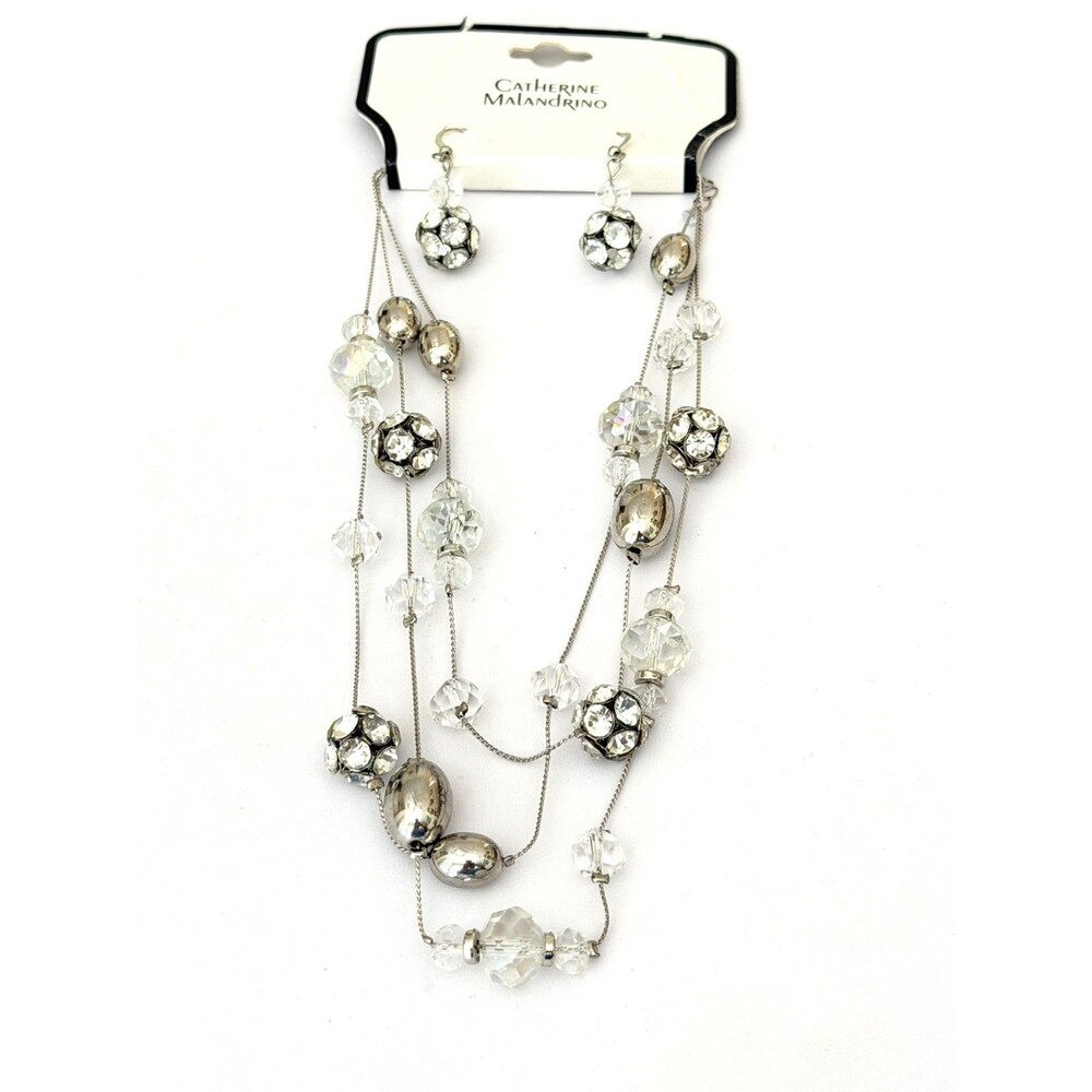 NWT Catherine Malandrino Multi-Strand Rhinestone Crystal Necklace & Earrings Set